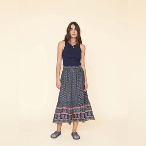 Xirena Taryn Tired Midi Button Down Skirt Navy Posey Geometric Floral Multicolor